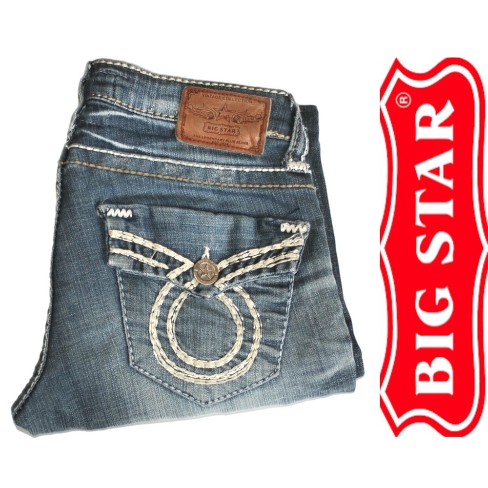 Big Star Women's Boot Cut Jeans Liv Boot - Medium Wash Blue with White Stitching